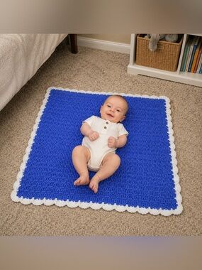 Crocheted Periwinkle Baby Blanket with White Trim